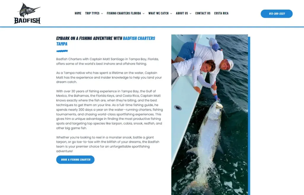 Badfish Charters section inviting visitors to embark on a fishing adventure, beside a photo of an angler landing a fish