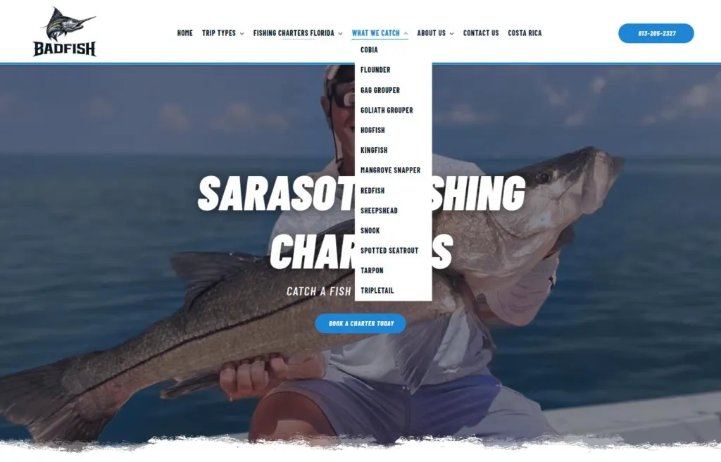 Badfish Charters Sarasota fishing charters page with the destinations dropdown menu open over the hero