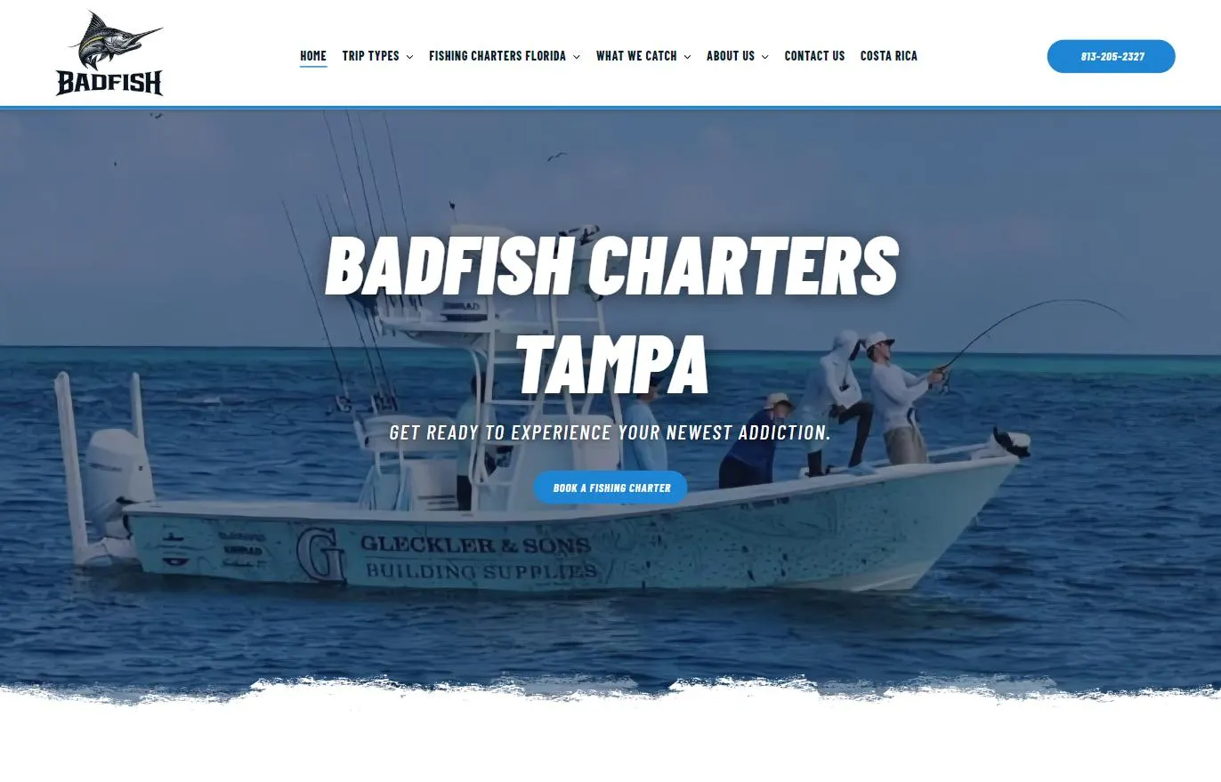 Badfish Charters Tampa homepage: a charter boat crossing open water under the headline Badfish Charters Tampa