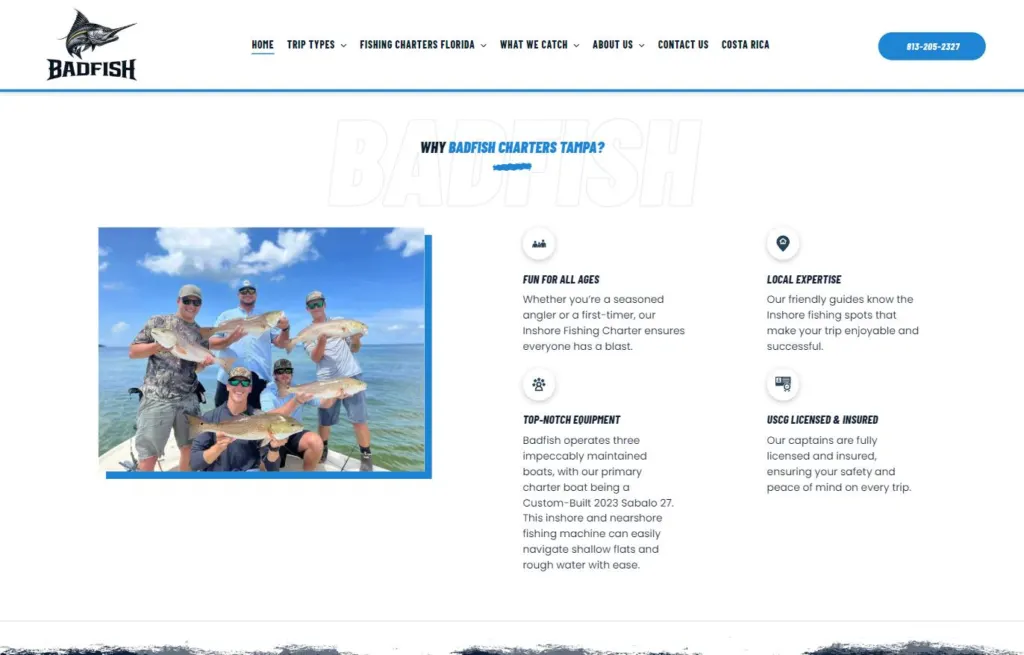 Why Badfish Charters Tampa section with a photo of a group of anglers and short reasons to book