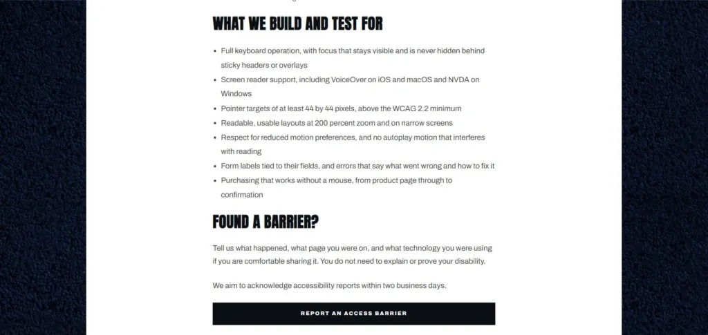 Curbcutters Unlimited accessibility page titled What we build and test for, with a Report an access barrier button
