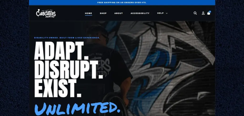 Curbcutters Unlimited homepage hero with bold type reading Adapt. Disrupt. Exist. Unlimited. over a dark textured background