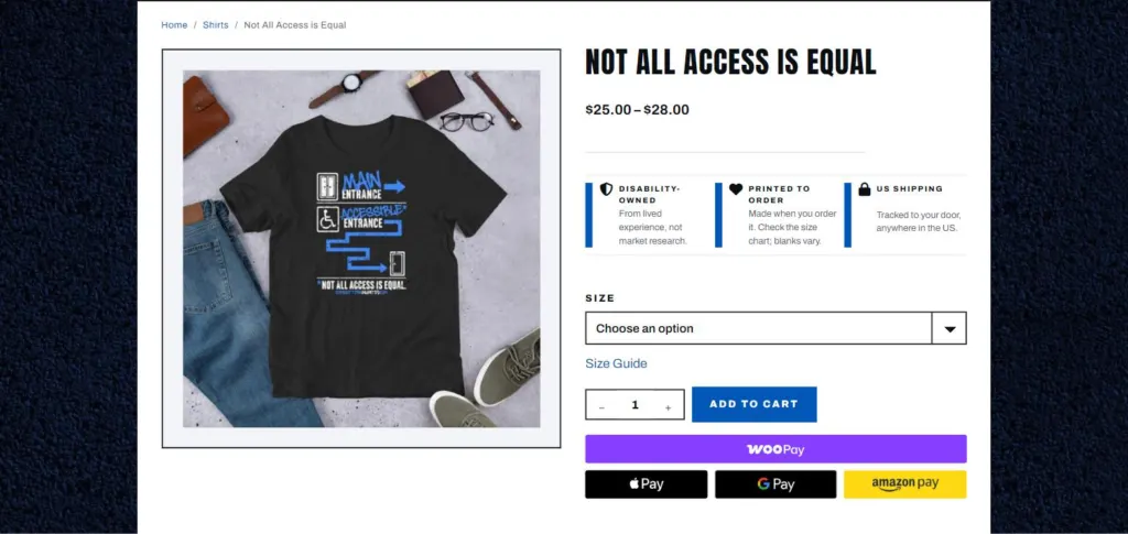 Product page for the Not All Access Is Equal t-shirt with size options and express checkout buttons