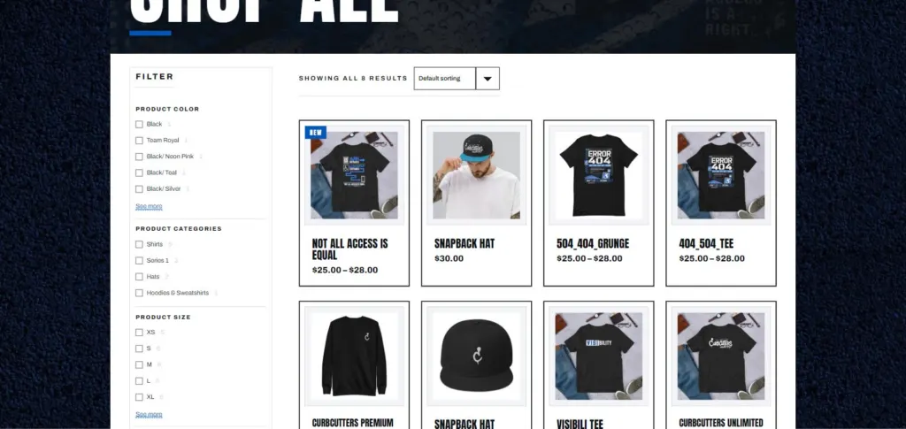 Curbcutters Unlimited shop page with a filter sidebar beside a grid of t-shirts, hats and hoodies