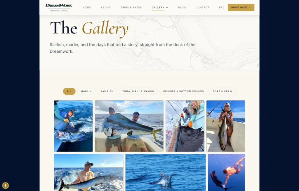 DreamWork photo gallery with species filter tabs above a masonry grid of billfish and tuna catches