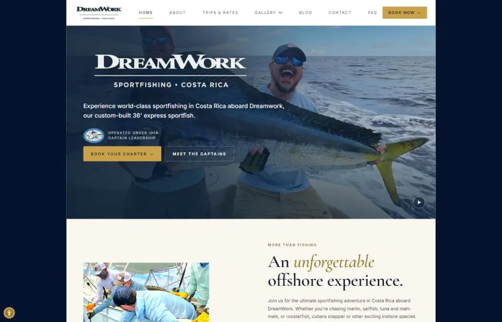 DreamWork Sportfishing homepage: the DreamWork logo over a photo of an angler holding a mahi-mahi, with Book Your Charter and Meet the Captains buttons