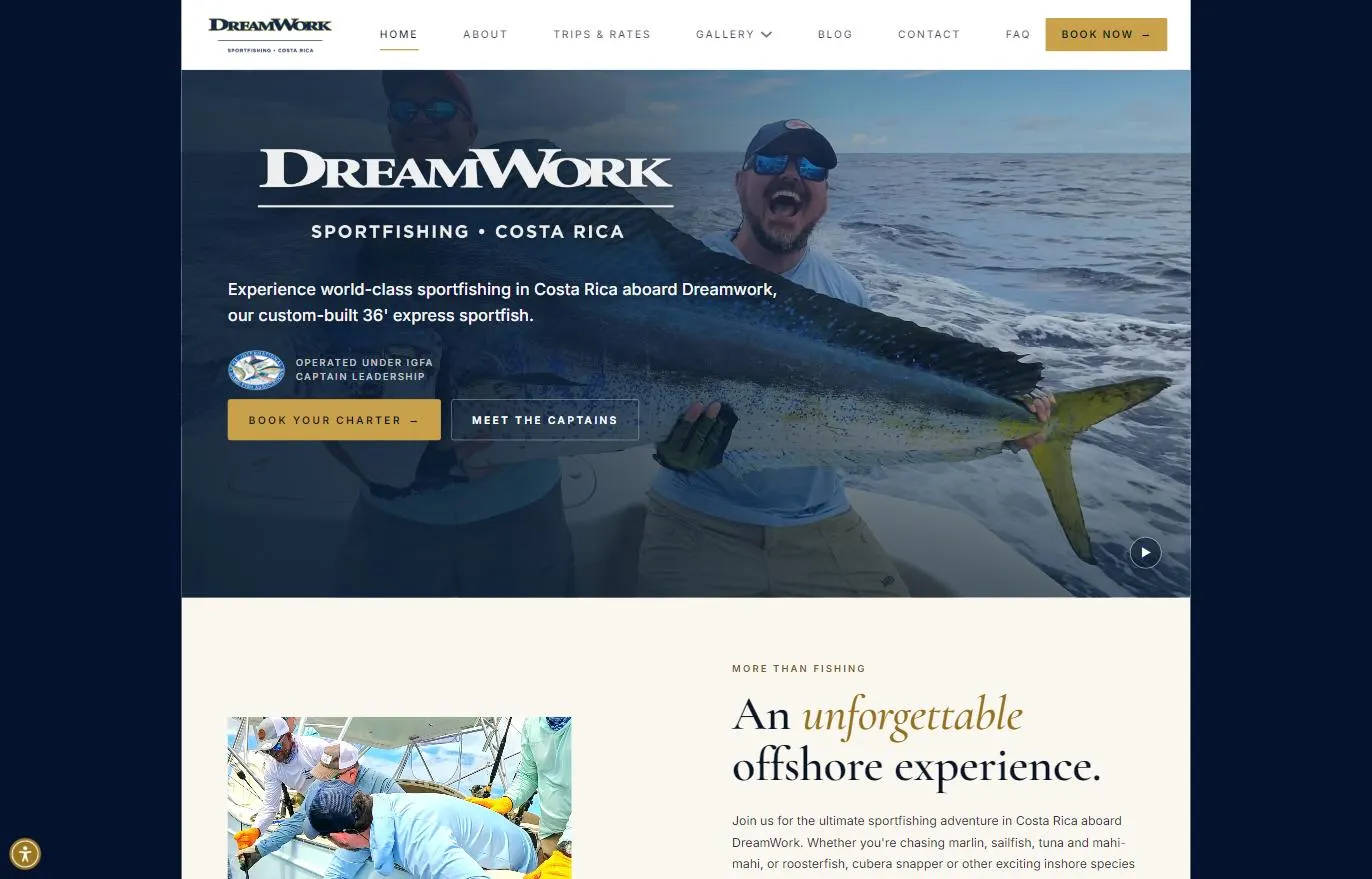 DreamWork Sportfishing homepage: the DreamWork logo over a photo of an angler holding a mahi-mahi, with Book Your Charter and Meet the Captains buttons