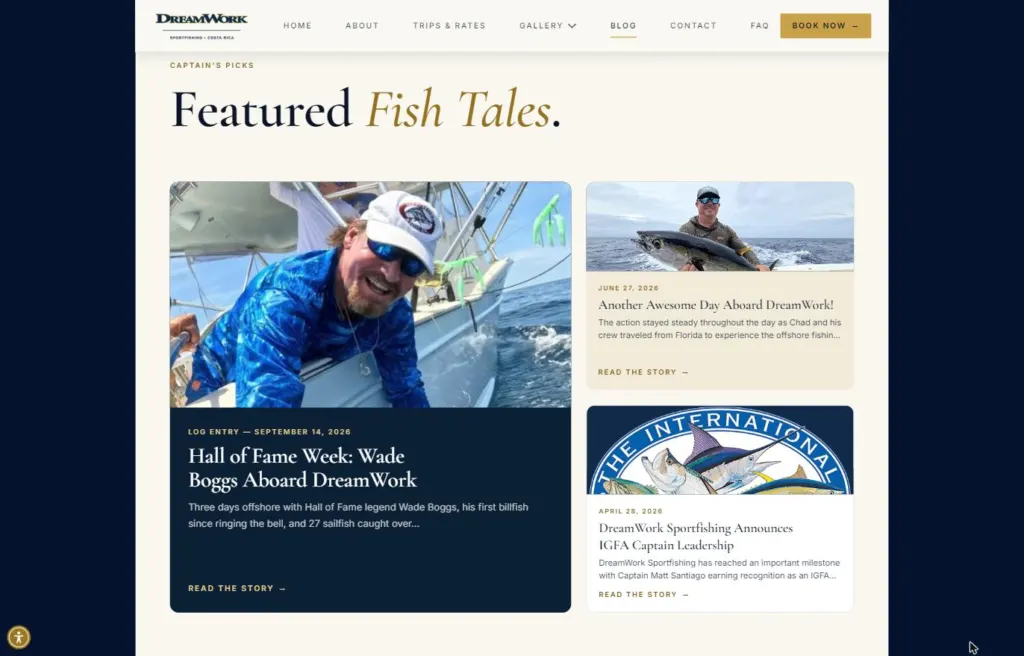 DreamWork's Ship's Log blog with a featured-story layout, led by a story about Wade Boggs fishing aboard DreamWork