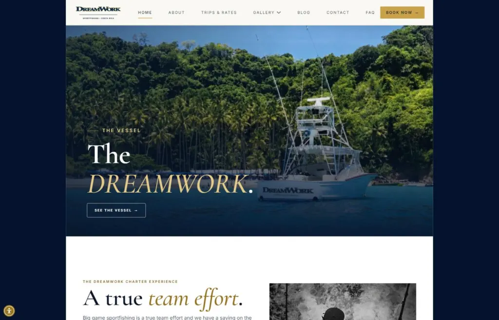 DreamWork vessel section: the sportfishing boat moored below a jungle hillside under a navy overlay titled The Dreamwork