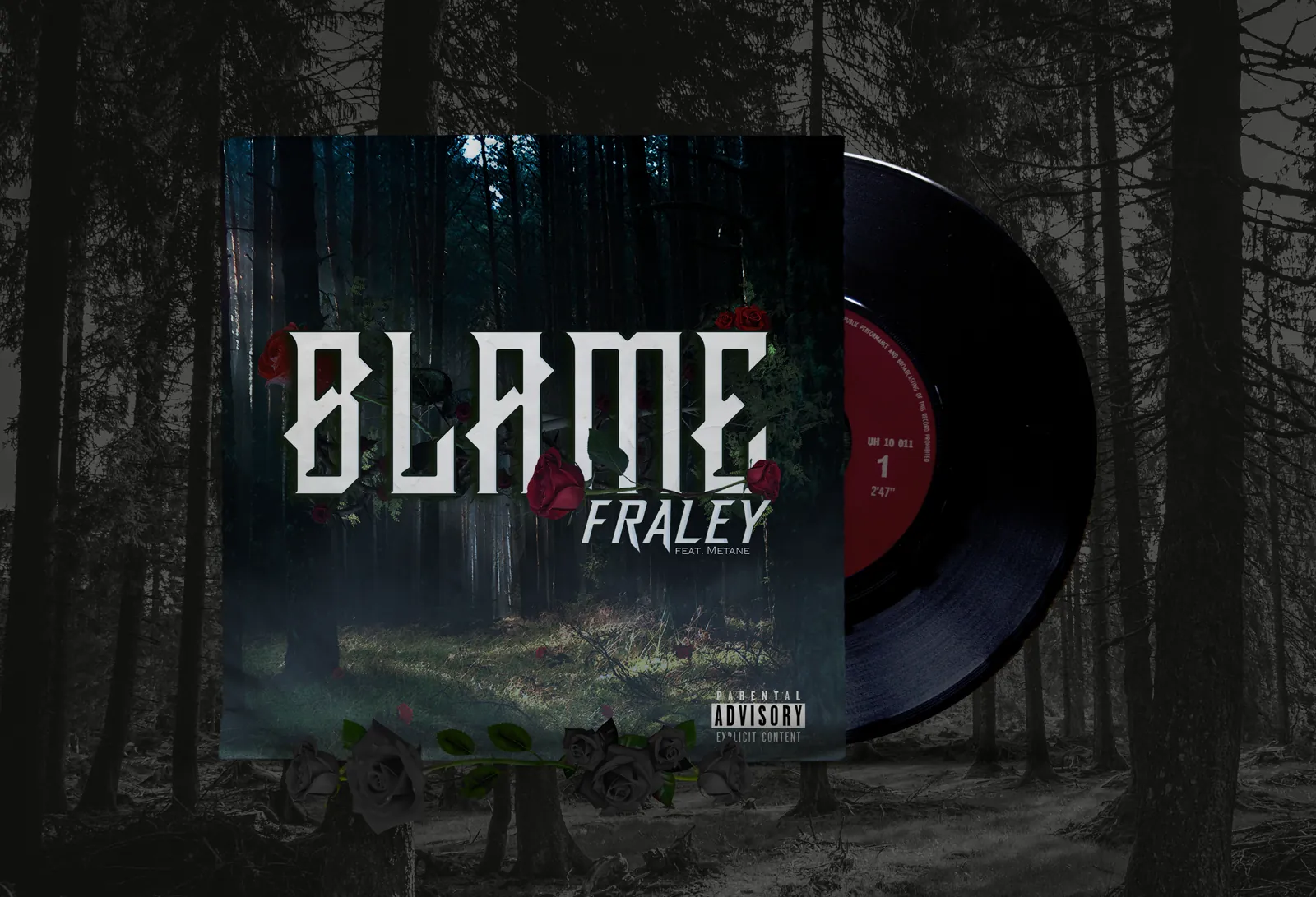 Blame single cover art for Fraley shown on a vinyl record sleeve in a dark pine forest