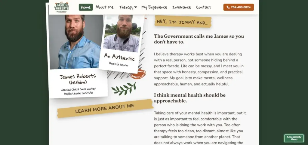 About section with polaroid-style photos of the therapist next to a handwritten Hey, I'm Jimmy note