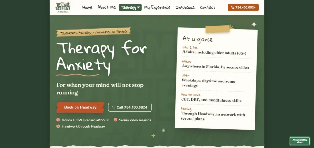 Therapy for Anxiety service page on a deep green background with hand-lettered headings and a sticky-note callout