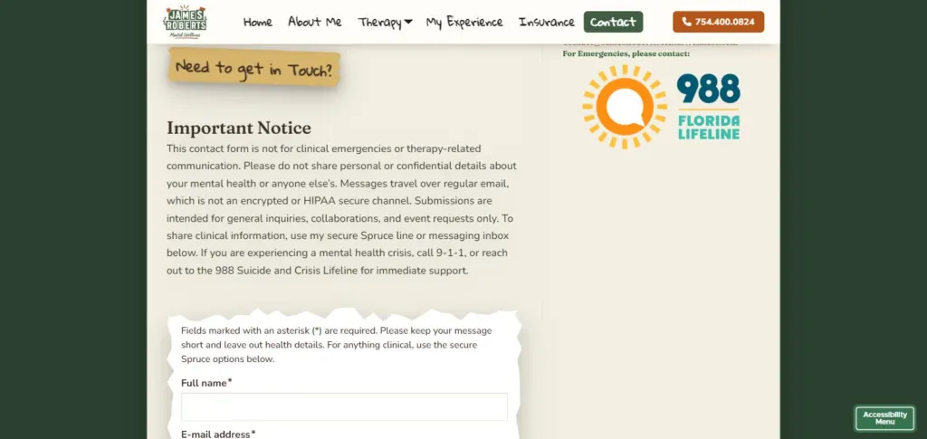 Contact page with a privacy notice beside the form and 988 crisis line information