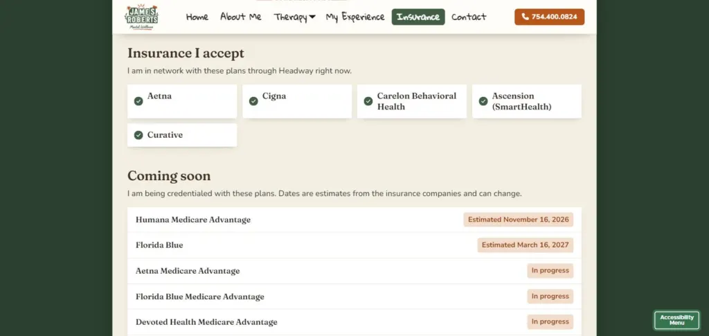 Insurance page listing accepted plans and upcoming plans with status tags