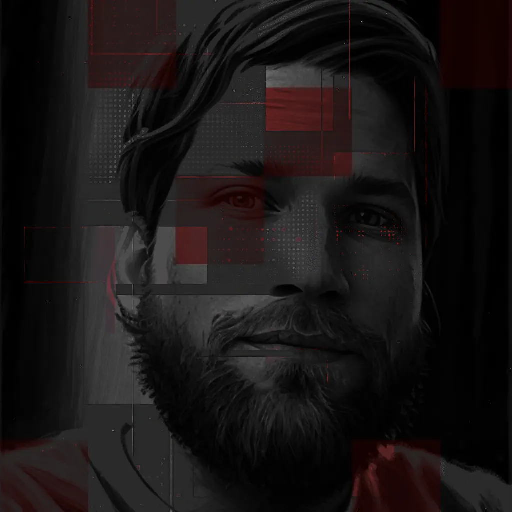 Jimmy Roberts, founder of PixelSlasher, in a dark portrait broken up by red pixel squares