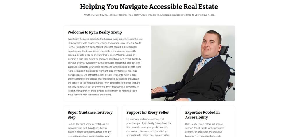 Ryan Realty Group section titled Helping You Navigate Accessible Real Estate, with a welcome message beside a portrait of Ryan