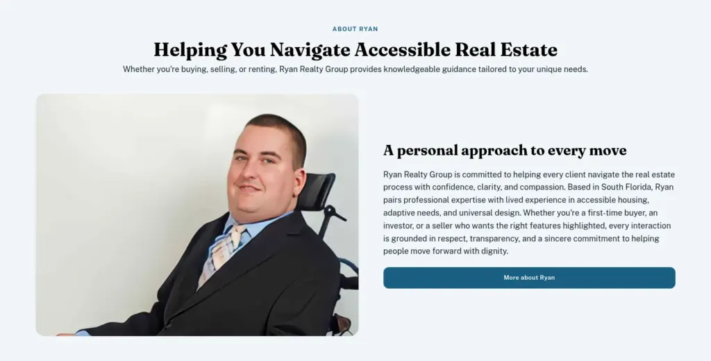 Ryan Realty Group section titled Helping You Navigate Accessible Real Estate, with a portrait of Ryan and a welcome message