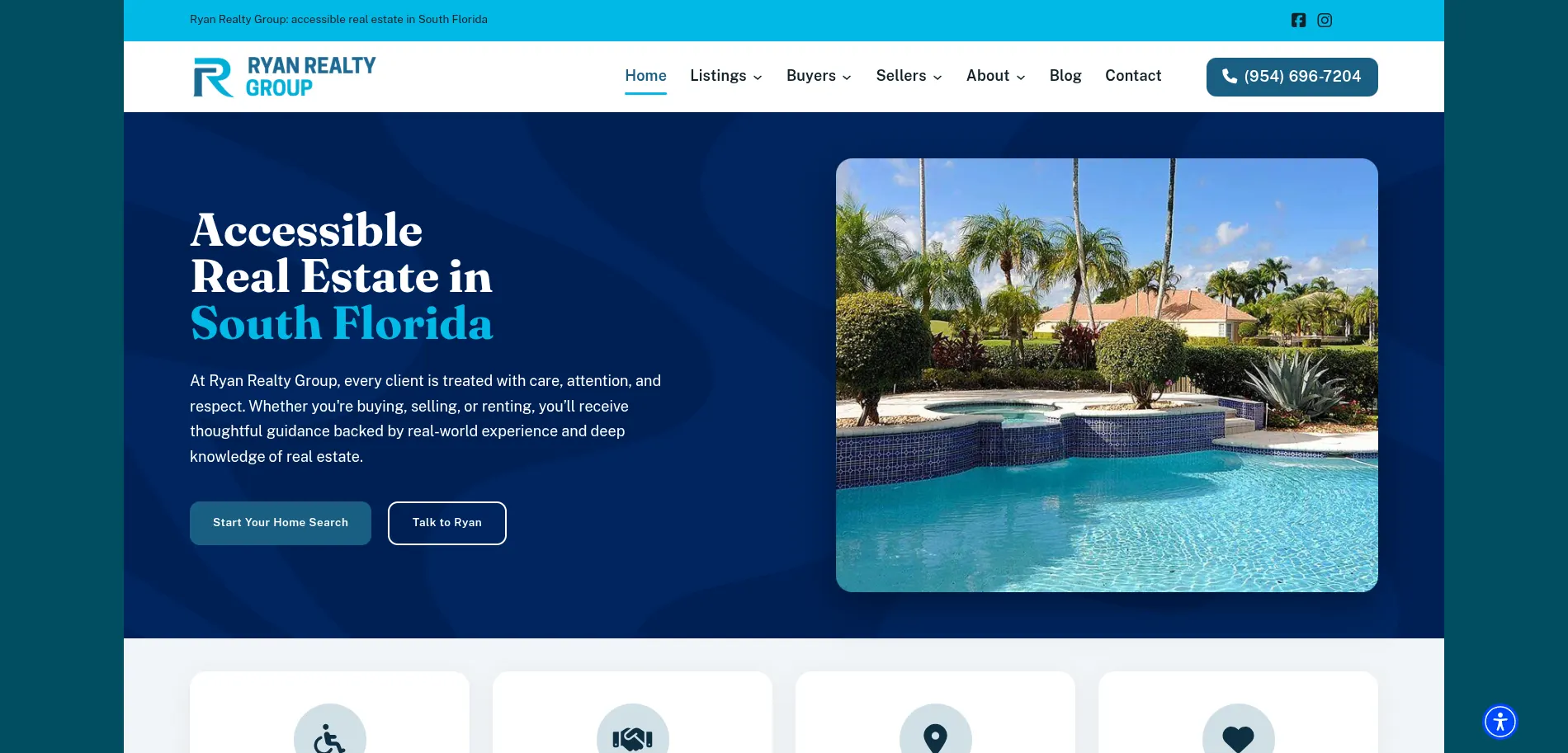 Ryan Realty Group homepage with the headline Accessible Real Estate in South Florida