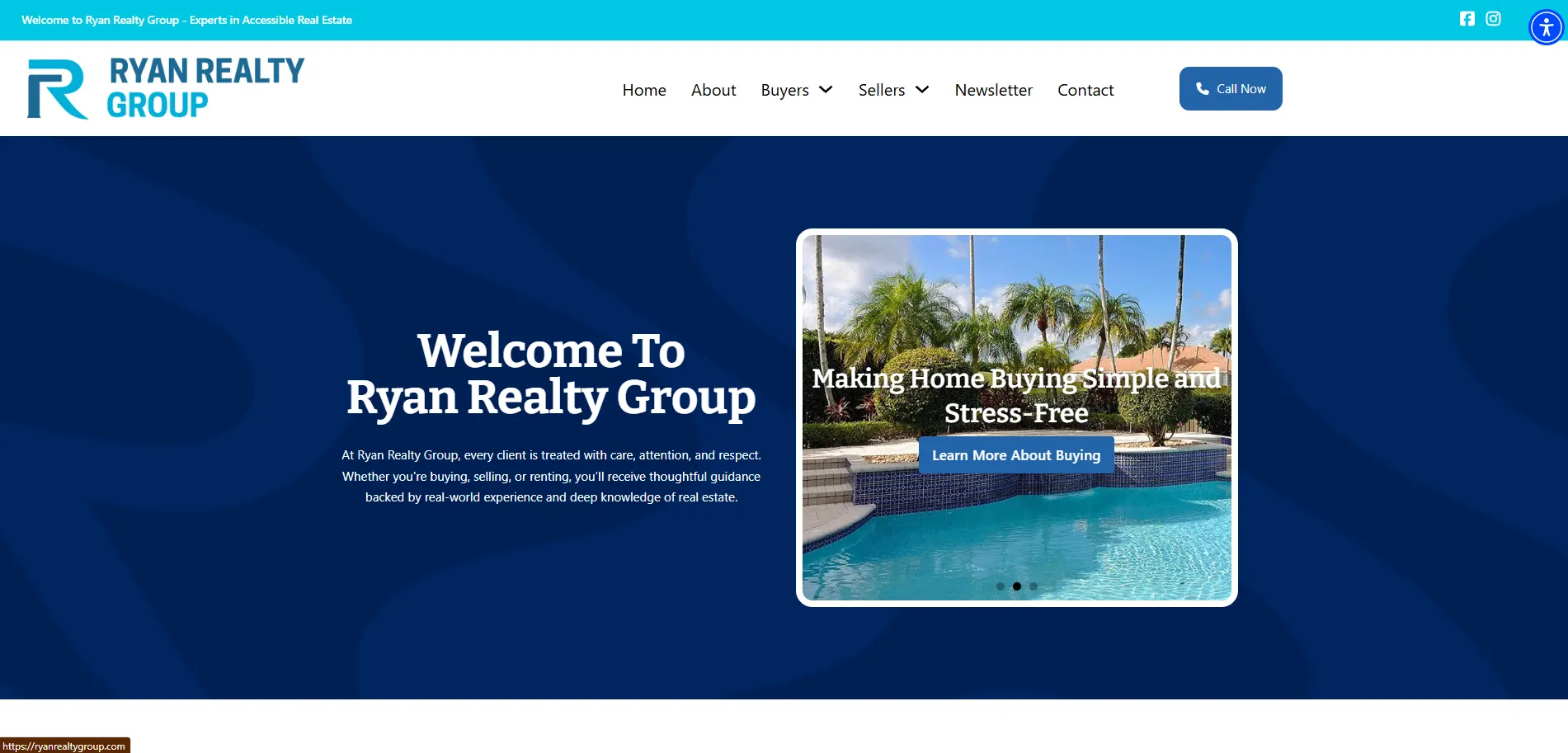 Ryan Realty Group homepage with a blue hero reading Welcome to Ryan Realty Group beside a photo of a home with a pool