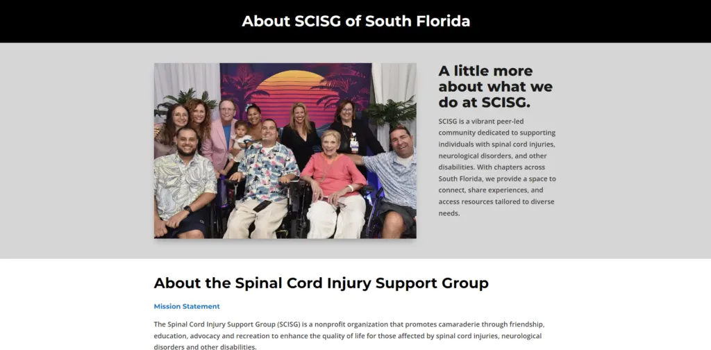 About page for the Spinal Cord Injury Support Group of South Florida with a group photo of members