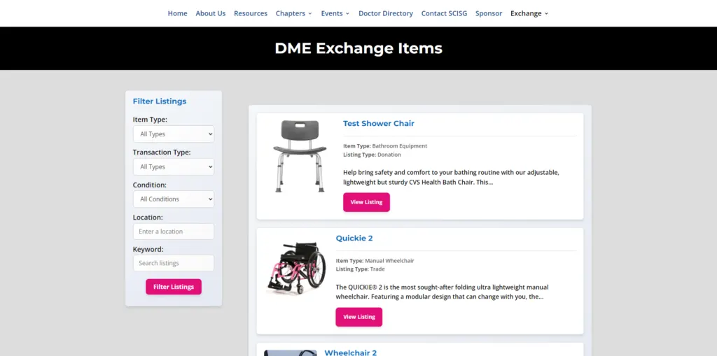 DME Exchange listings page with filters beside used wheelchairs and medical equipment for trade