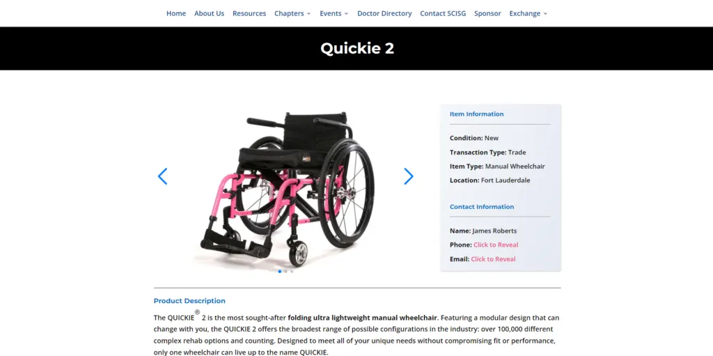 DME Exchange listing for a Quickie 2 wheelchair with a photo carousel and item details