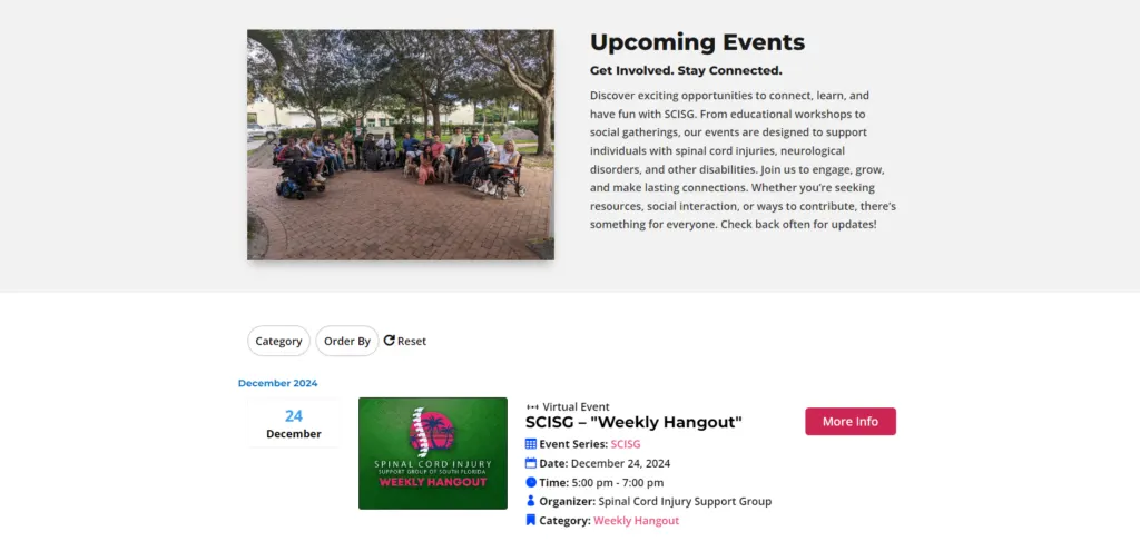 Events page announcing the group's upcoming Weekly Hangout meetup