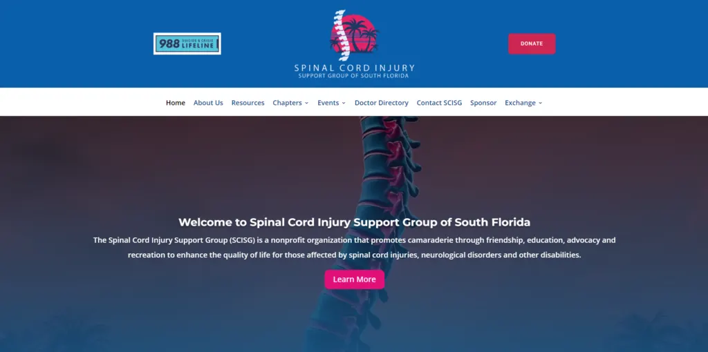 Spinal Cord Injury Support Group of South Florida homepage with a welcome message over a red and blue spine graphic