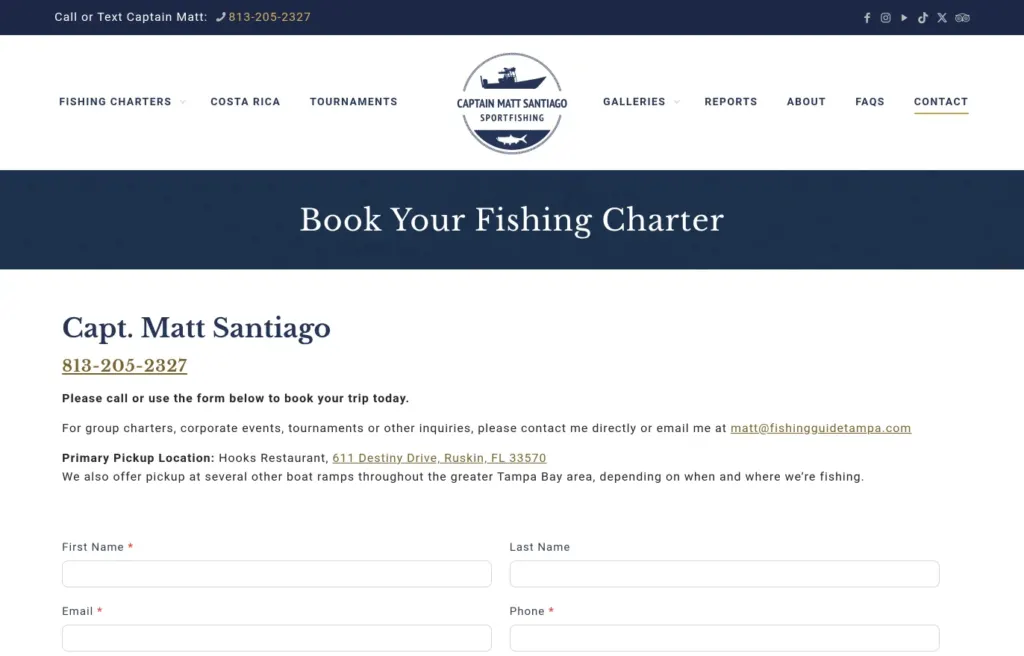 Fishing Guide Tampa booking page with Captain Matt's phone number above a labeled contact form