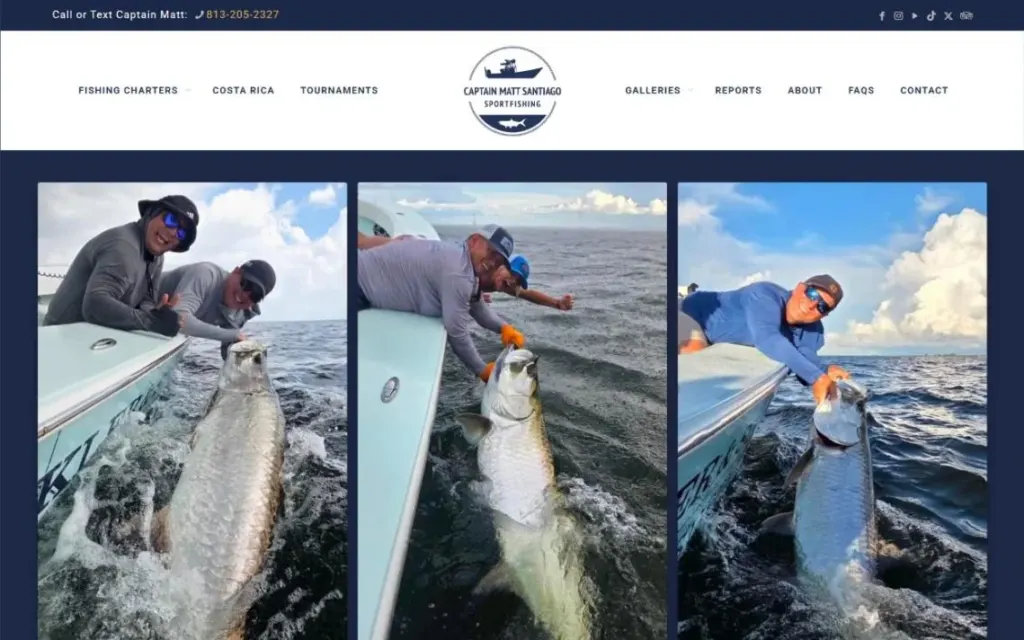 Fishing Guide Tampa homepage: three photos of anglers bringing tarpon to the side of the boat below the Captain Matt Santiago Sportfishing logo