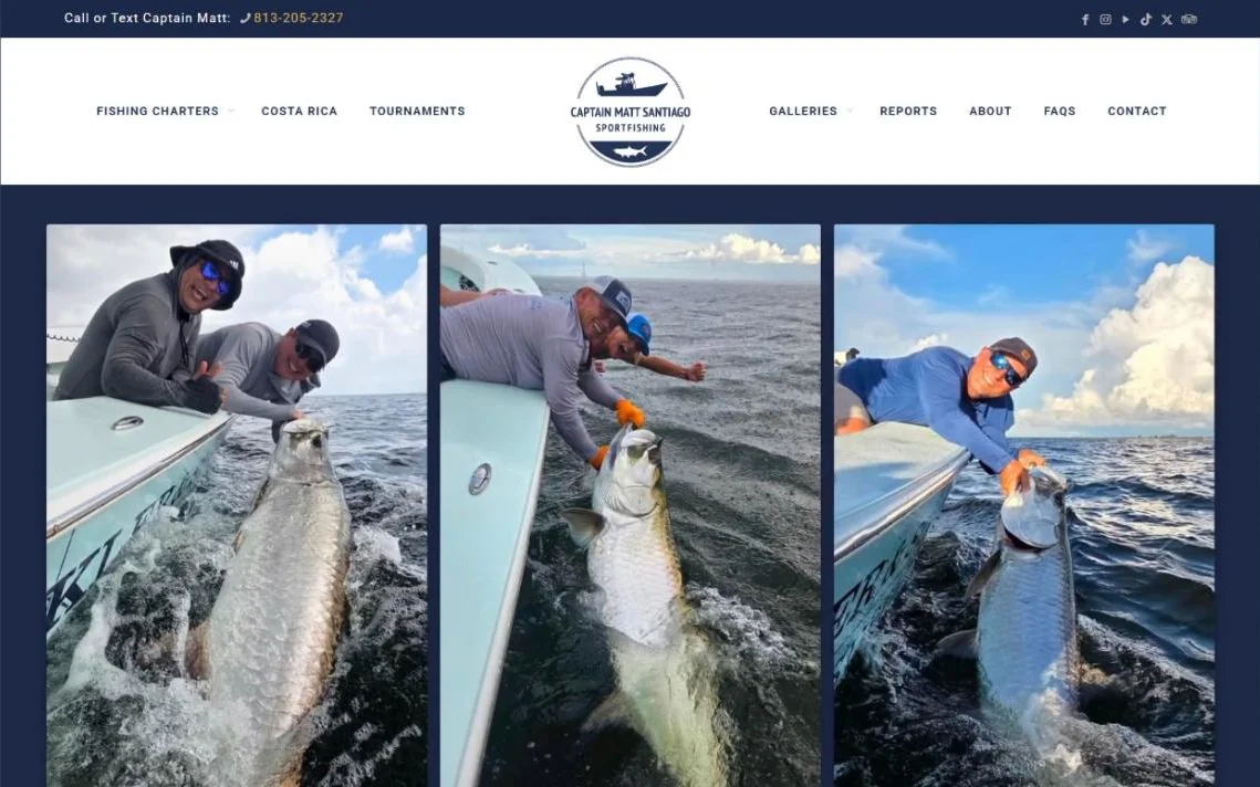 Fishing Guide Tampa homepage: three photos of anglers bringing tarpon to the side of the boat below the Captain Matt Santiago Sportfishing logo