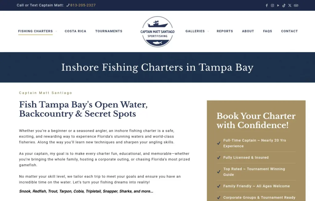 Fishing Guide Tampa inshore charters page with its heading and a gold Book Your Charter with Confidence panel