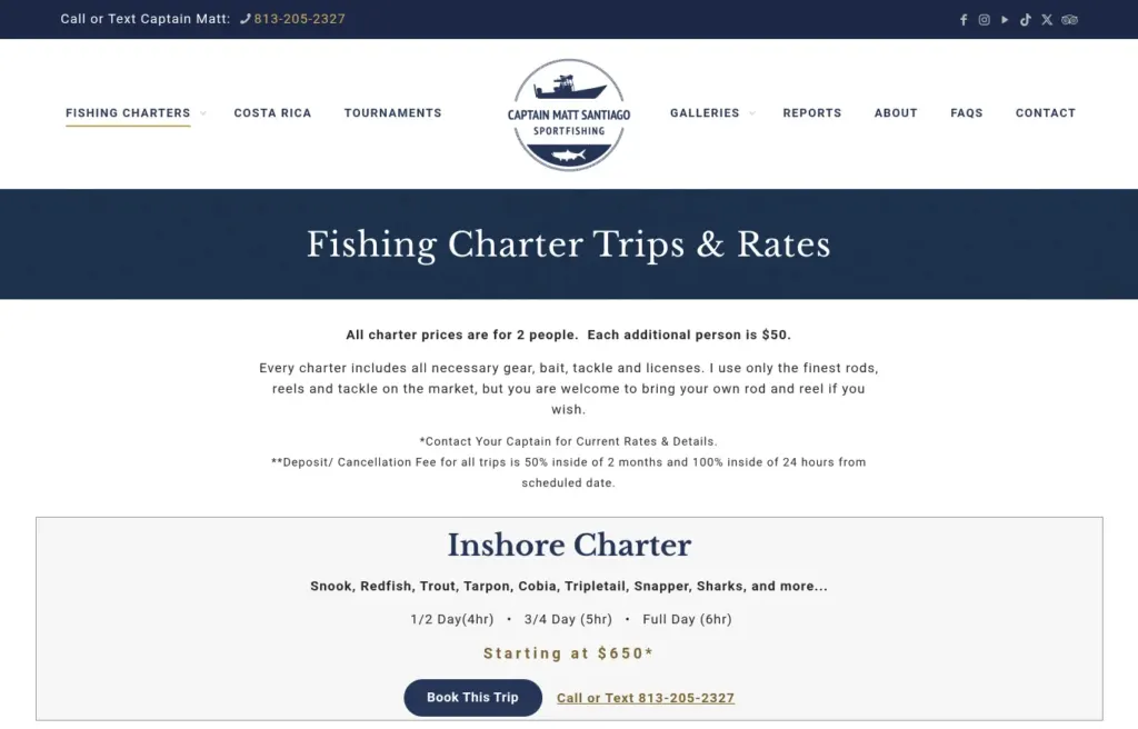 Fishing Guide Tampa Trips and Rates page with an Inshore Charter card and a Book This Trip button